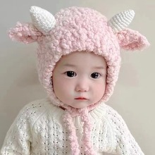 可爱小麋鹿角针织帽保暖毛线帽子秋冬季系带帽子宝宝可爱小童洋气