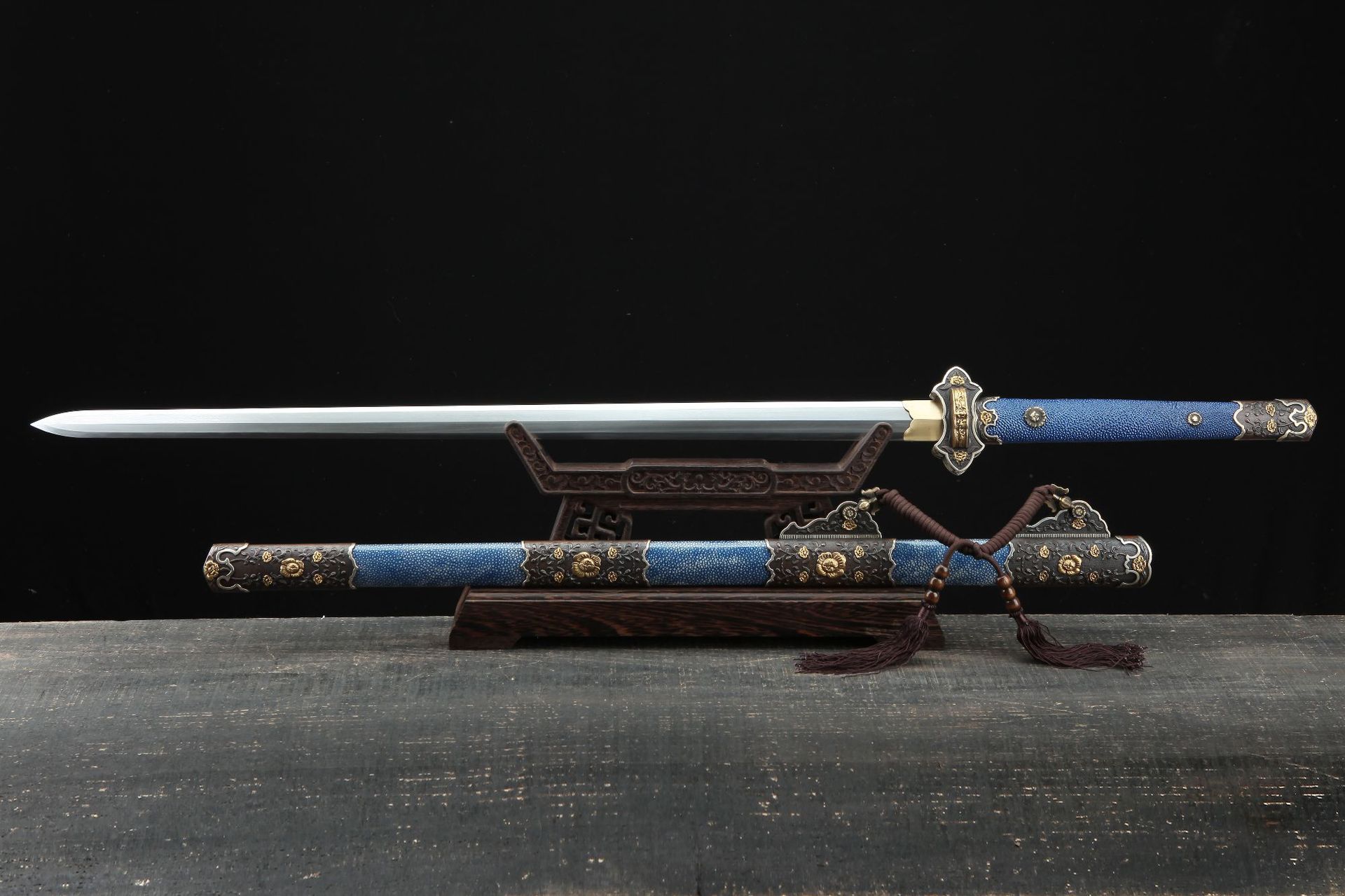 刀剑花纹钢宝剑鎏金银一体唐剑手工锻打长剑冷兵器未开刃