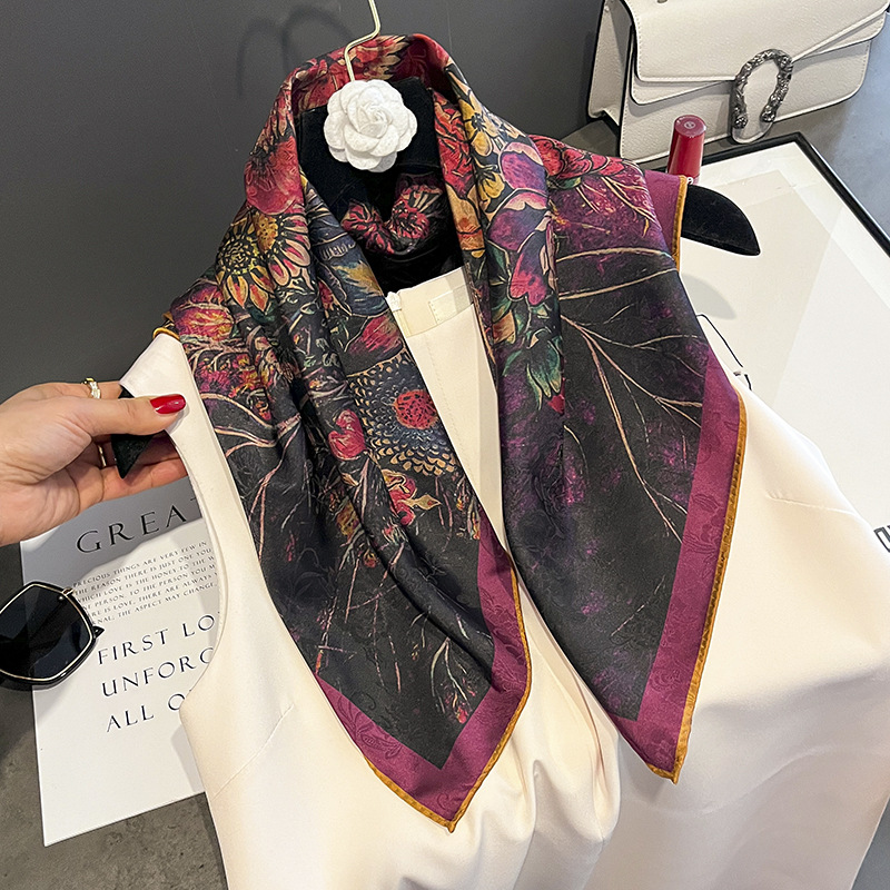 Chinese Style Spring and Autumn Imitation Fragrant Cloud Yarn Rose 70 Square Scarf Elegant Silk Scarf Female Neck Scarf Fine Curling Arm Bag