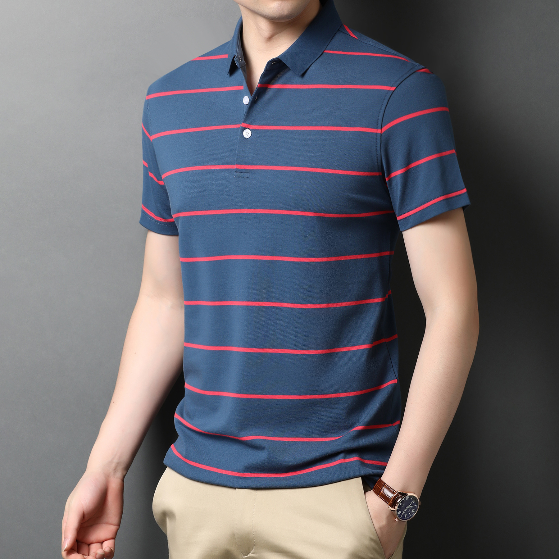 2021爸爸夏季短袖男士体恤商务宽松条纹翻领polo衫纯棉中年t恤 男