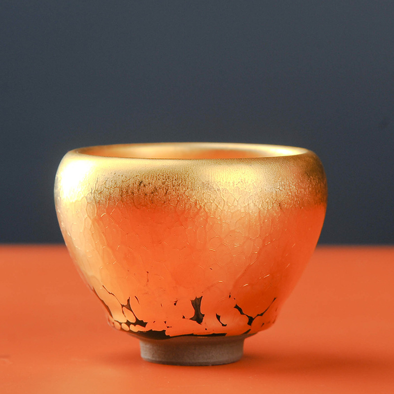 慢做永森黄金盏油滴建盏纯手工茶具鎏金建盏茶杯镶金主人杯礼盒装