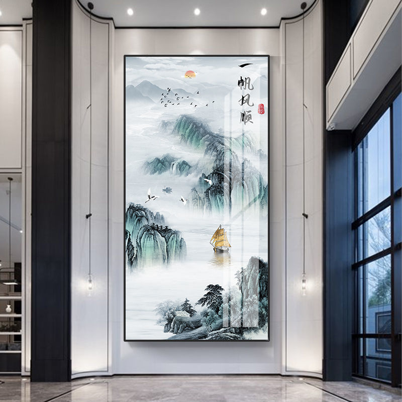 玄关山水画竖款新中式挂画入户进装饰画现代简约过道走廊冰晶画