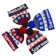 针织帽子冬季保暖欧美球迷提花毛线帽刺绣logo带毛球针织帽定制