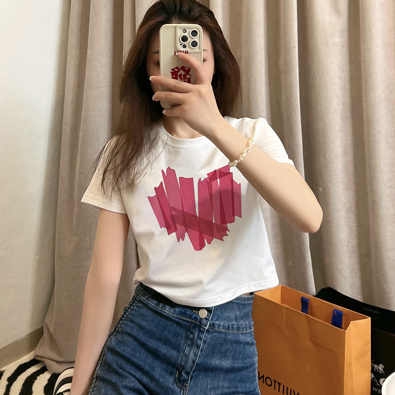 2023 New Cotton Shoulder Short T-shirt Women's Summer Design Short Sleeve Loose White High-Waist T-shirt Top