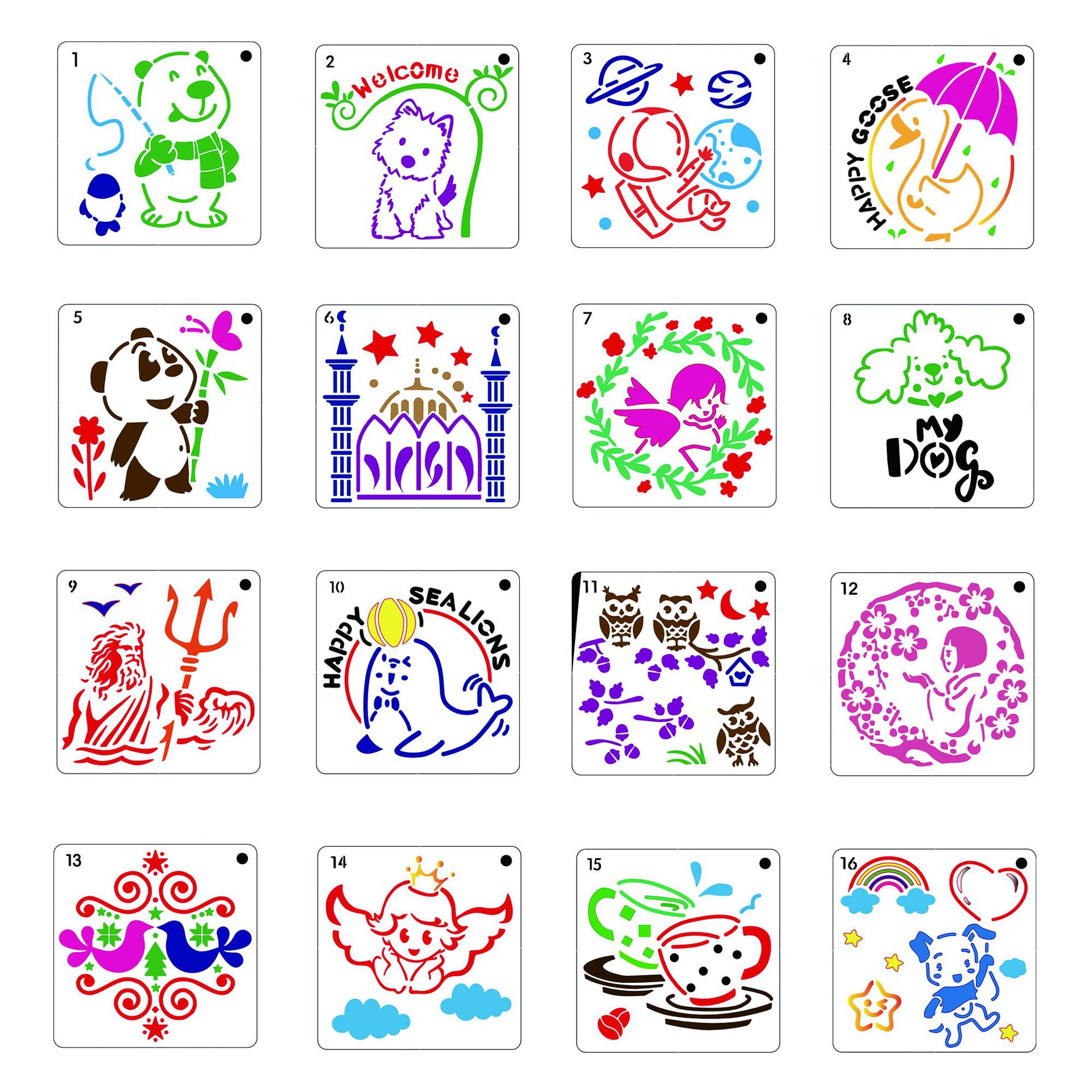 跨境卡通动物系列儿童绘画镂空模板套装 diy遮蔽喷雾模板墙绘手作