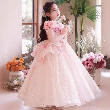 粉色女童主持人礼服公主裙儿童高端轻奢小众花童钢琴演奏演出服夏