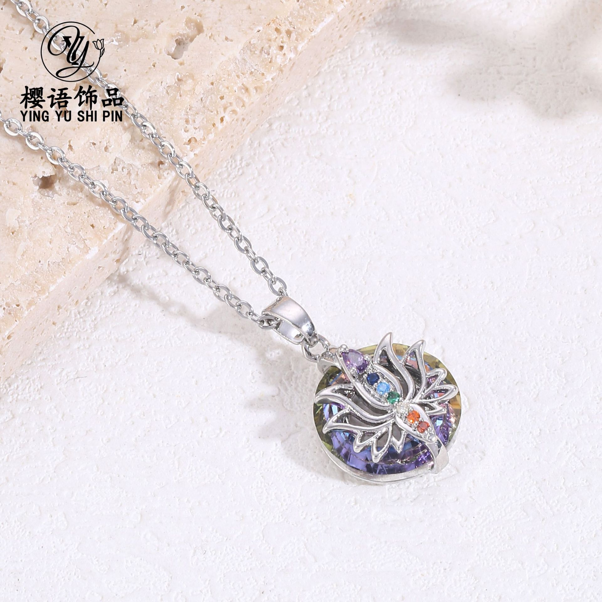 欧美跨境热销时尚炫彩生命树姐妹水晶花莲花吊坠项链时