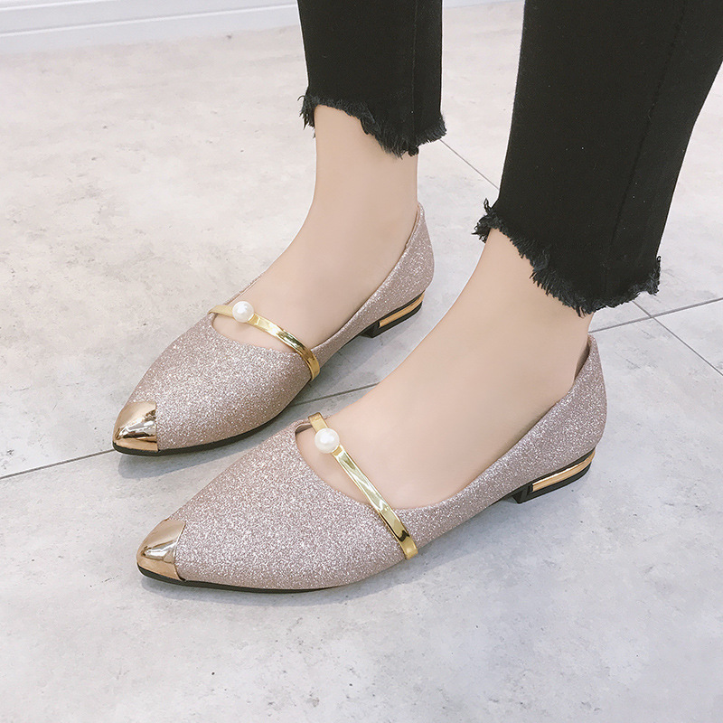 2022 Four Seasons New Women's Shoes Pointed Toe Flat Shoes Shallow Mouth Sequin Pearl Soft Bottom Metal Toe Cap Korean Style Four Seasons Shoes