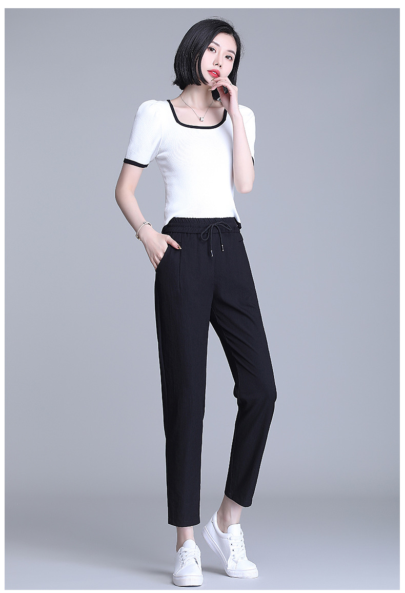 冰丝棉麻女裤夏季新款哈伦裤高腰宽松休闲裤松紧腰薄款九分凉凉裤