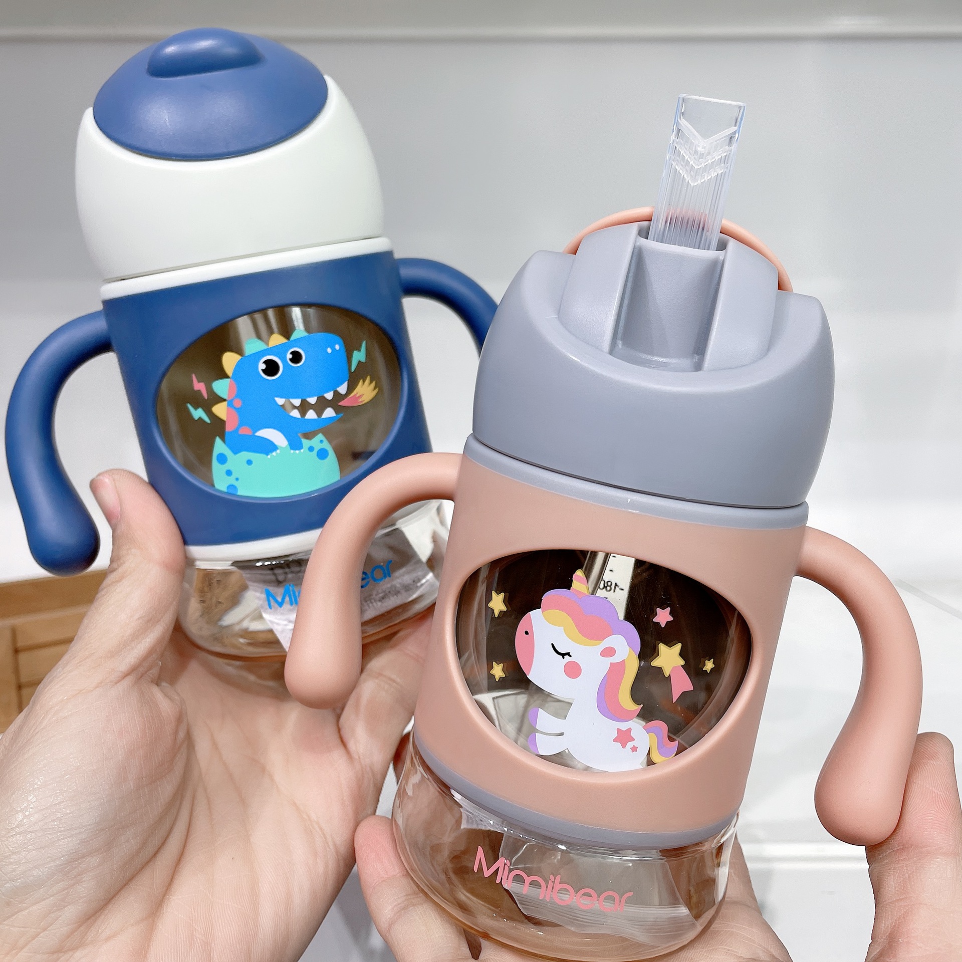 眯眯熊婴幼儿吸管杯宝宝ppsu两用鸭嘴杯学饮杯带刻度带手柄240ml