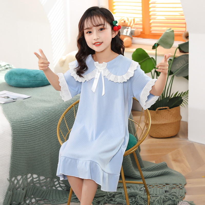 女童睡裙娃娃领纯色夏装短袖连衣裙公主风薄款可爱小女孩宝宝中童