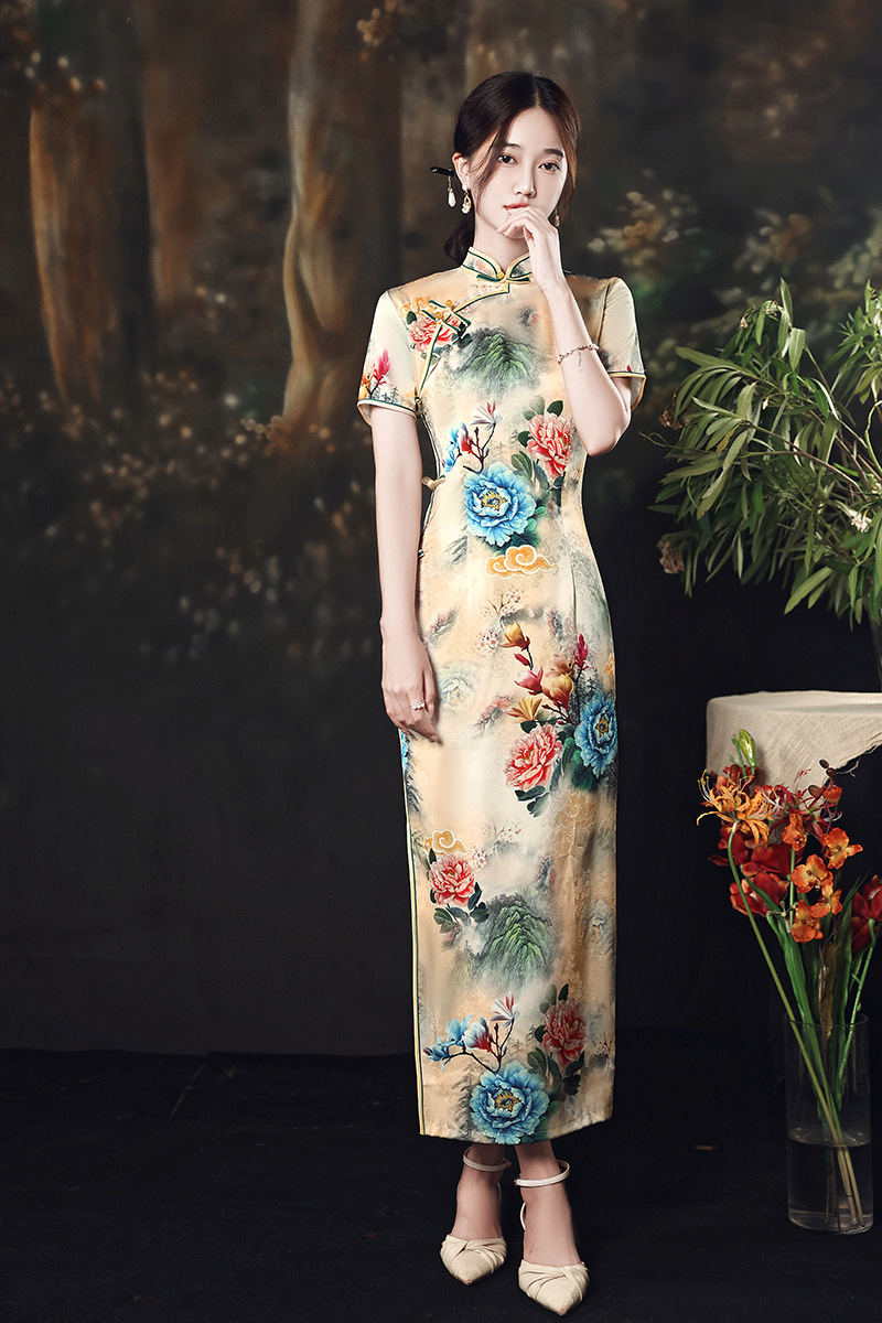 老上海旗袍仿花罗2021新款改良旗袍连衣裙端庄大气长款时尚走秀