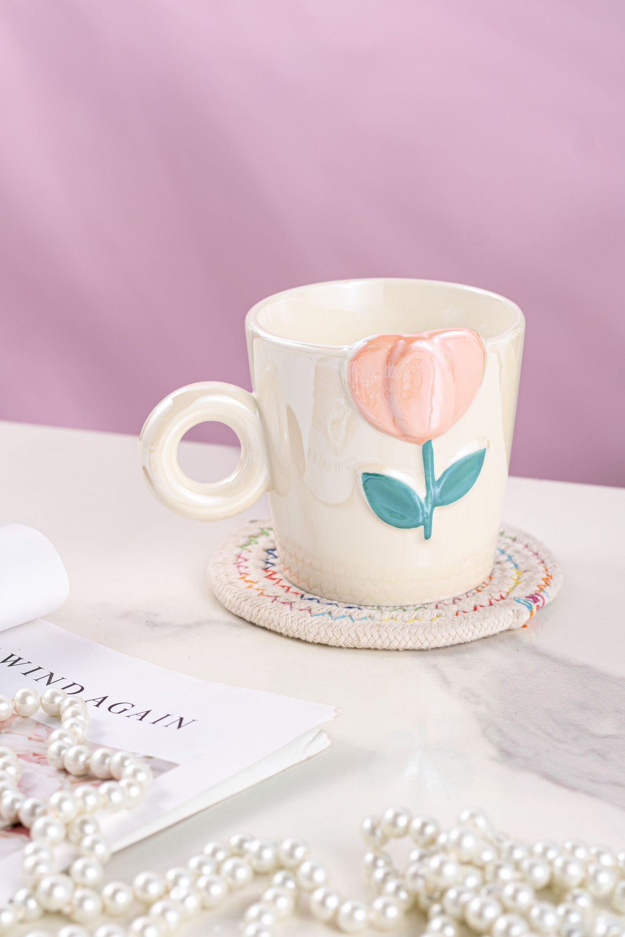 Embossed Tulip Ceramic Water Cup Advanced Young Girls Girlfriends Mug Coffee Cup Girlfriends Gift
