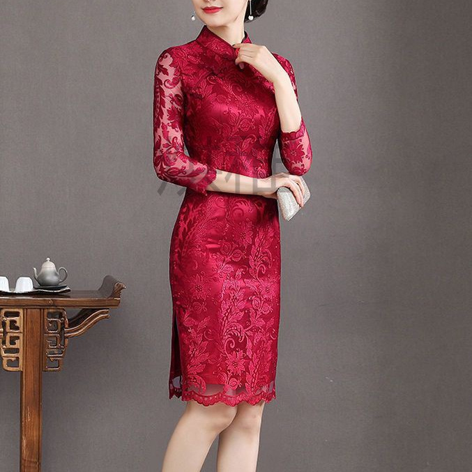 s榹5旗袍裙中长款年轻新娘结婚妈妈装改良奥黛风婆婆婚礼服春夏款