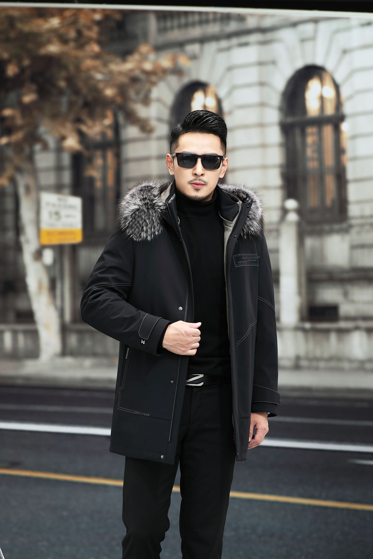 新款派克服男皮毛一体连帽大衣郊狼内胆银狐大毛领中长款加厚冬装