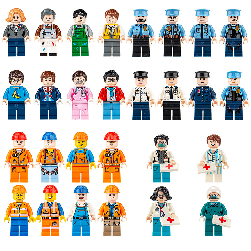 跨境城市特种兵警察医生工人消防员人仔积木兼容乐高小颗粒男女孩
