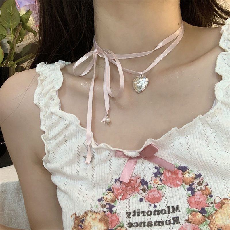 少女时代丝带绑带粉色爱心项链choker颈带芭蕾风脖子锁骨配饰夏女