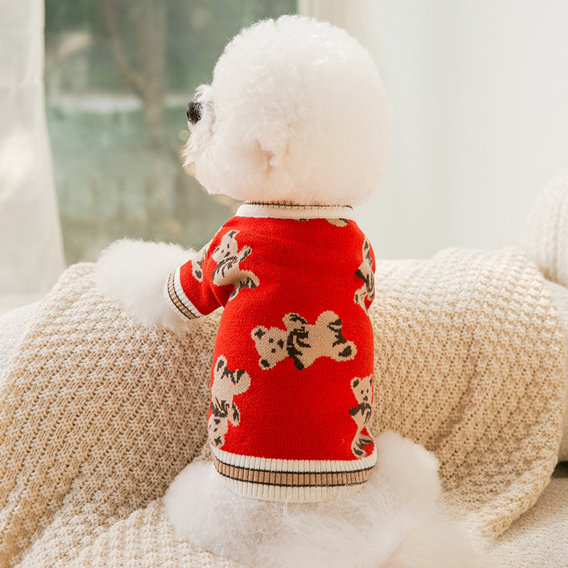 Autumn and Winter Puppy Dog Full Printed Cute Bear Sweater Cat Two-Leg Cardigan Small and Medium-Sized Dogs Teddy Pet Clothes