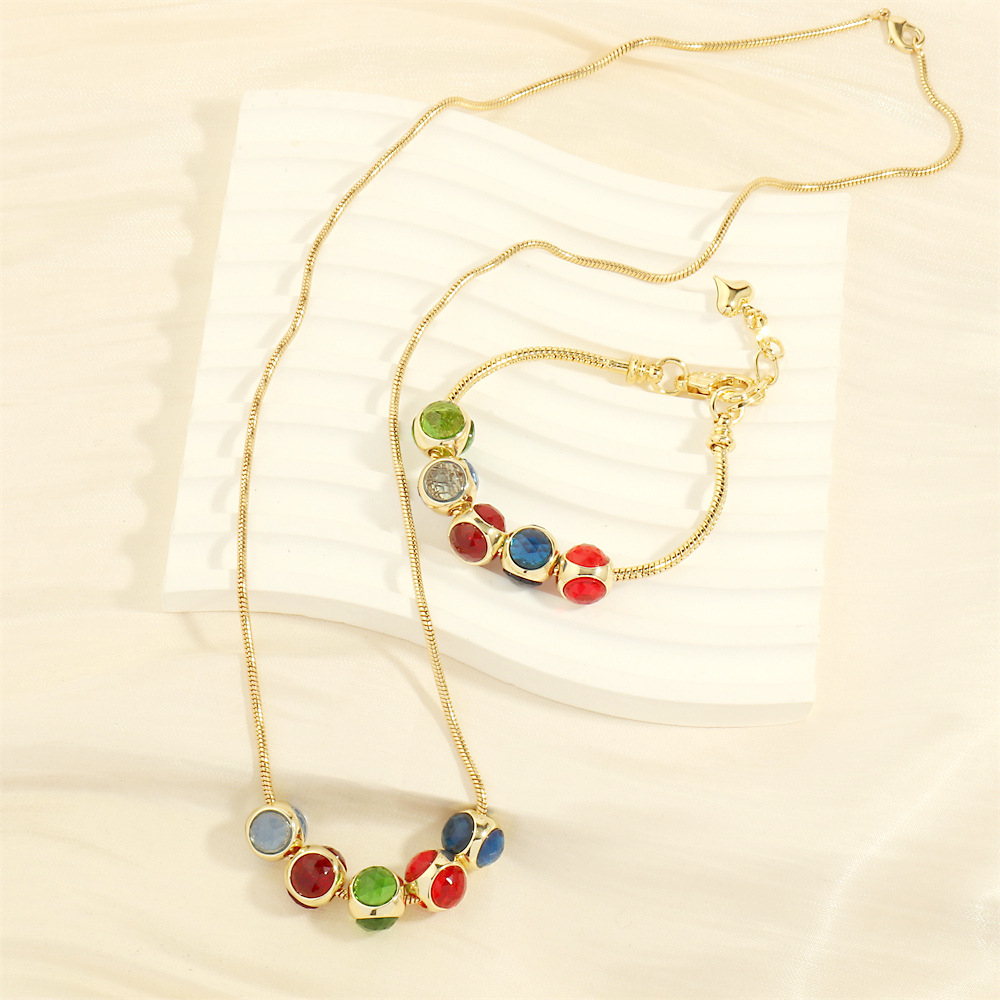 日韩流行彩色水晶吊坠手链时尚气质几何蛇链项链首饰套装ins网红