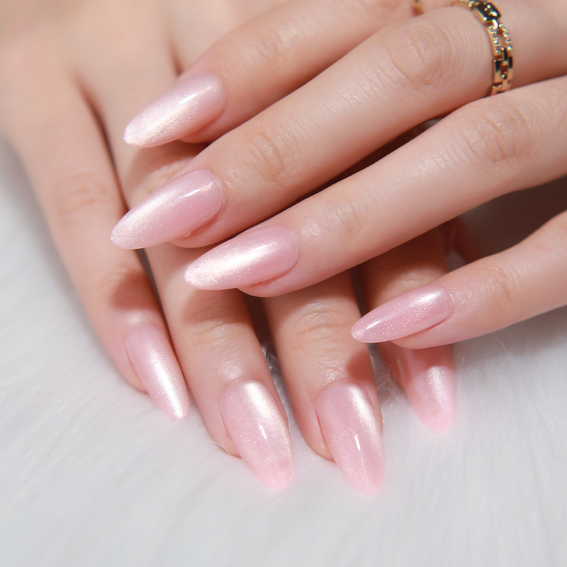 粉色猫眼穿戴甲 拾美背胶甲指 24片爆闪银色猫眼美甲 椭圆手指甲