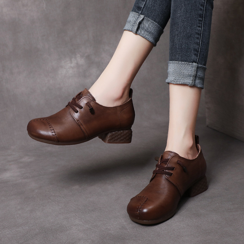 粗跟复古手工真皮中跟女单鞋头层牛皮春秋系带软底带跟女士皮鞋