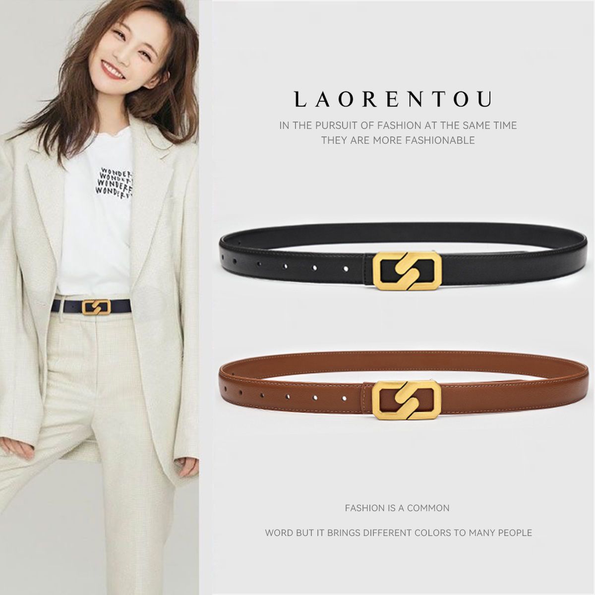 老人头女士皮带2023新款百搭配牛仔裤腰带女潮流时尚个性真皮黑色