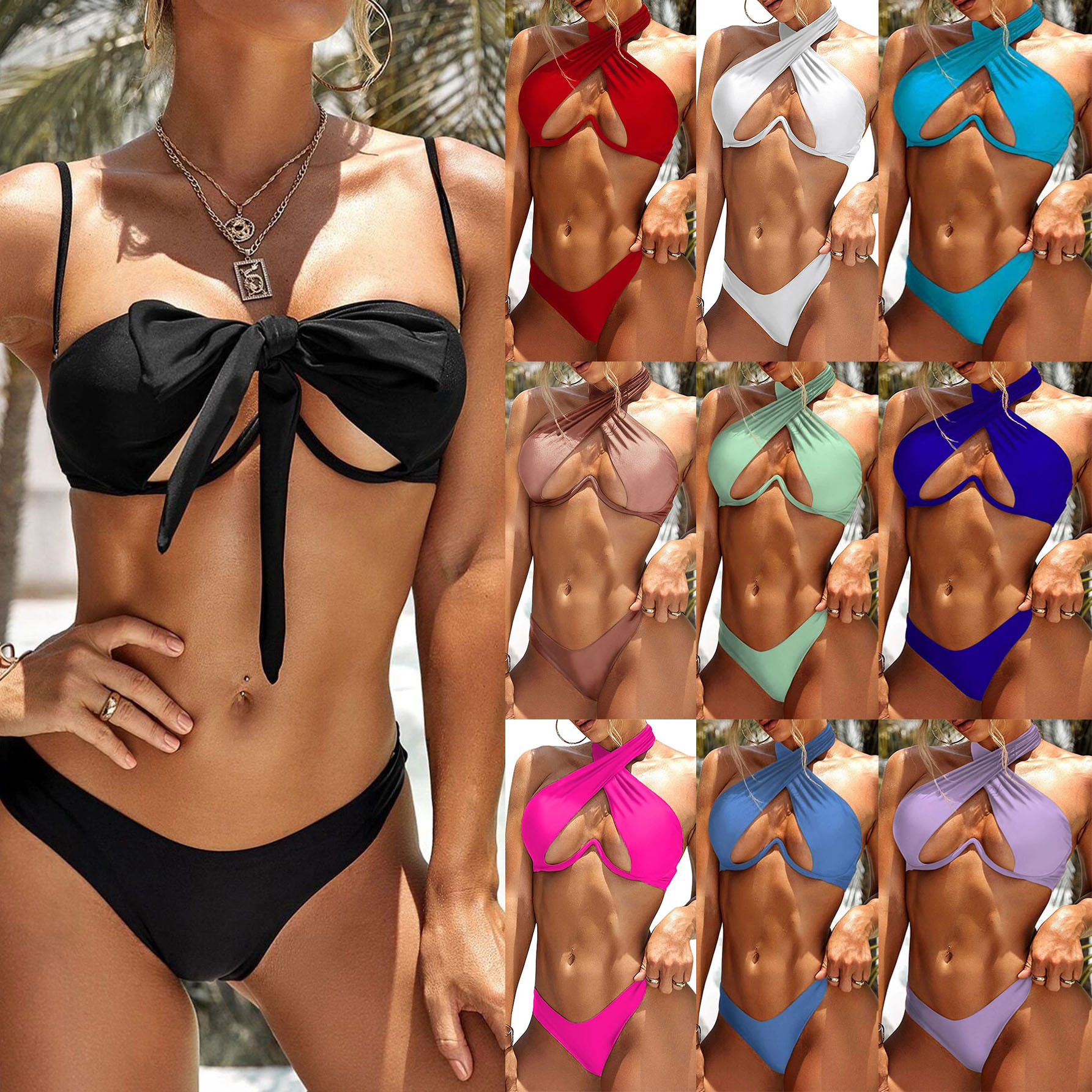 2023 New Foreign Trade AliExpress Amazon Women‘s Solid Color Split Swimsuit with Steel Bracket Sexy Bikini Bi