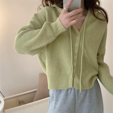 连帽糖果色排扣毛衣外套2024秋冬日韩简约小个子跨境外贸针织衫女