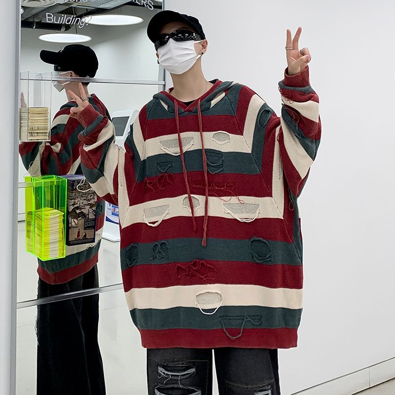 American Pu Shuai Striped Sweater Men's Autumn and Winter Fashion Brand Design Sense Ripped Sweater Loose Couple Hooded Coat