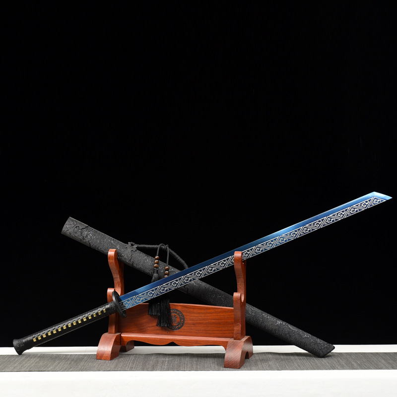 【未开刃】龙泉市纯手工一体锻打唐横直刀镇宅硬剑弹簧钢烤蓝精雕