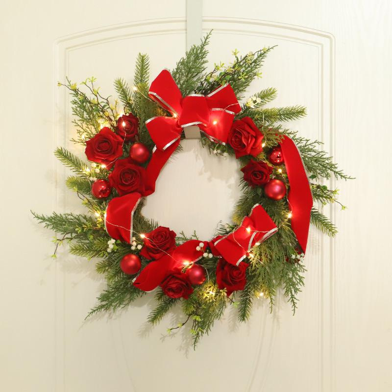圣诞新品红丝绒花圈red velvetwreath带灯圣诞装饰玫瑰花花环工厂