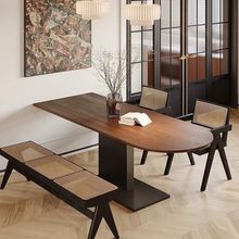 法式复古实木餐桌半圆靠墙家用小户型饭桌创意中古风岛台餐桌一体