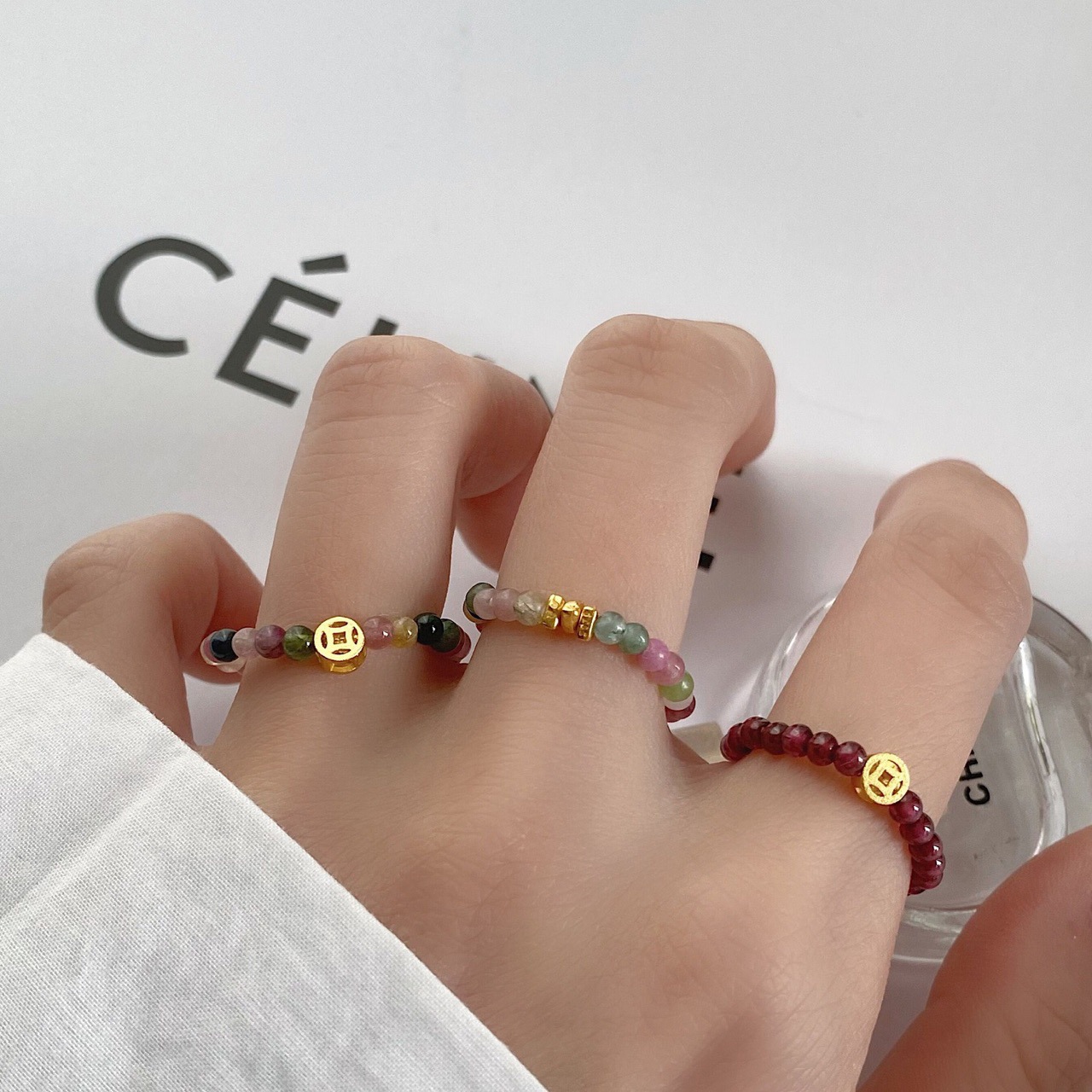 high-grade copper coin small pieces of silver small bead index finger ring tourmaline beaded elastic adjustable ring female niche