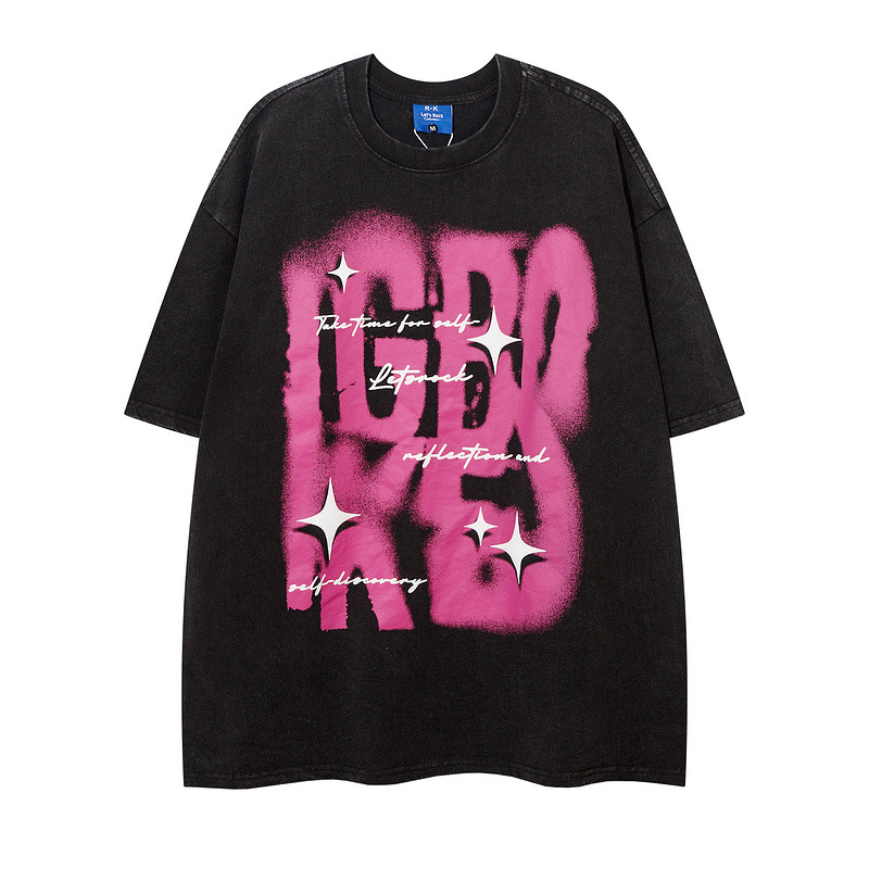 美式hiphop嘻哈涂鸦字母印花bboy街舞宽松做旧短袖t恤男女半袖衫