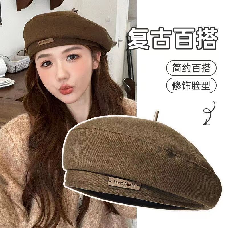 毛呢贝雷帽女款秋冬显脸小网红百搭春夏八角帽大头围潮牌画家帽子