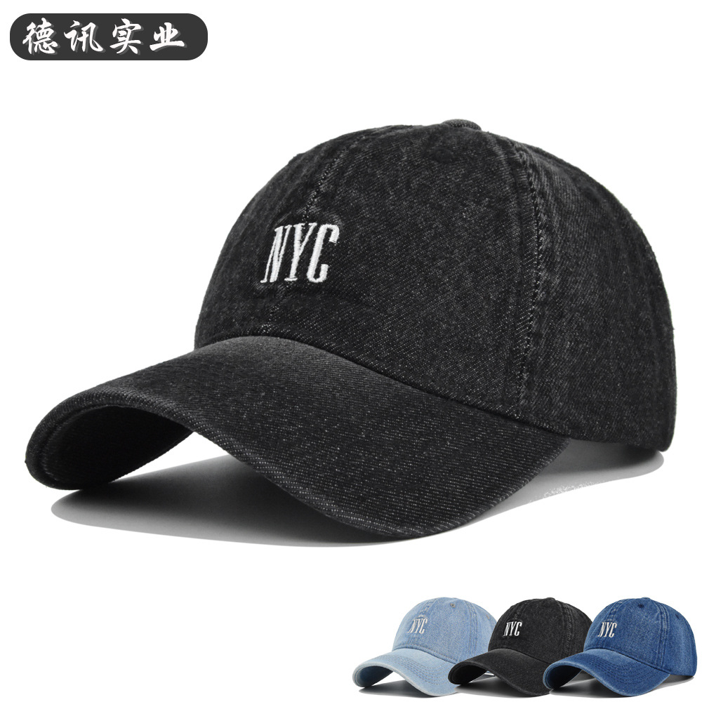 跨境NYC水洗刺绣牛仔帽绣花棒球帽复古鸭舌帽做旧遮阳帽弯檐帽