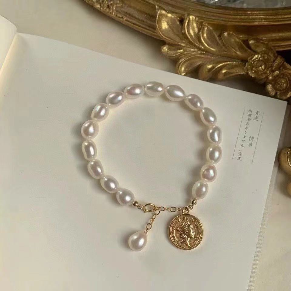 新欢镀金女皇头像钱币手链6-7mm淡水不规则珍珠小清新气质手镯