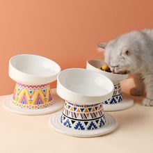 猫碗 陶瓷高脚保护防漏食打翻大口径大容量高颜值斜口碗双碗厂家