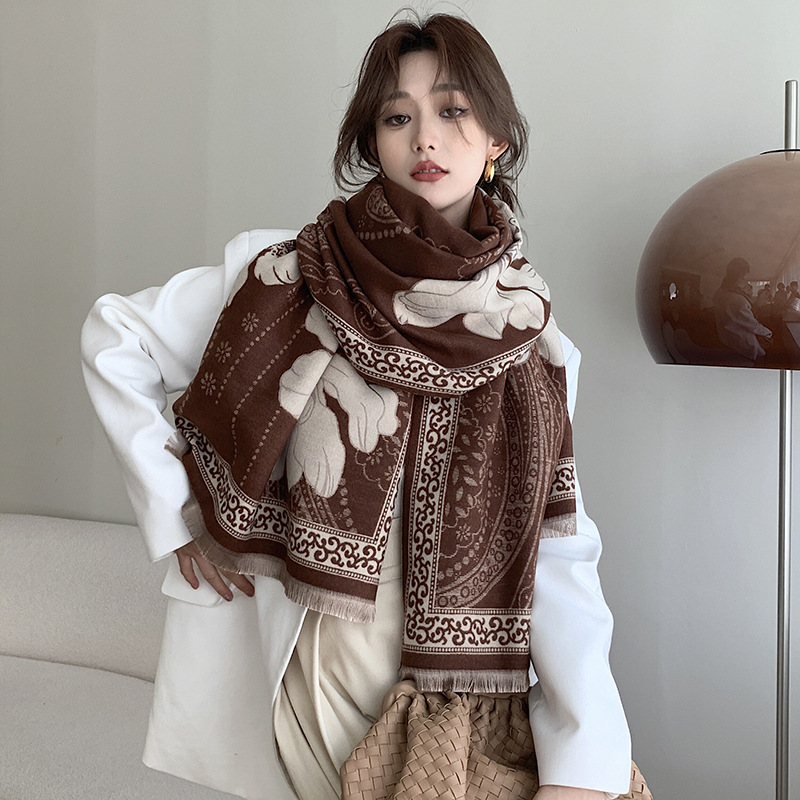 New Women's Scarf Autumn and Winter Peony Flower Scarf Thickened Double-Sided Cashmere-like Warm Talma All-Match Scarf