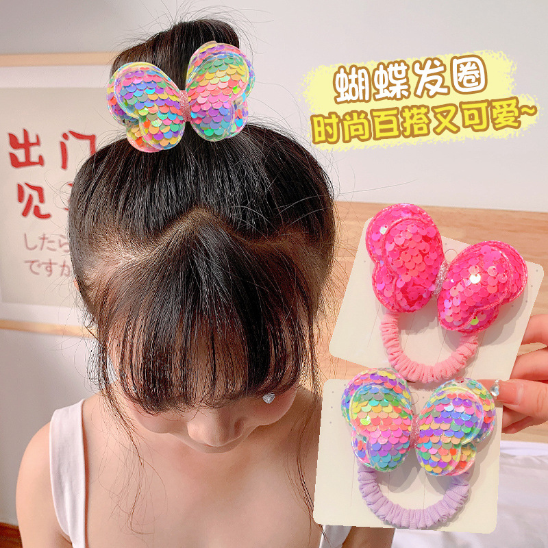 Sequin Butterfly Hair Rope Children's Small Intestine Hair Ring Hair Friendly String Tie Horse Tail Hair Accessories Girl Rubber Band Headdress