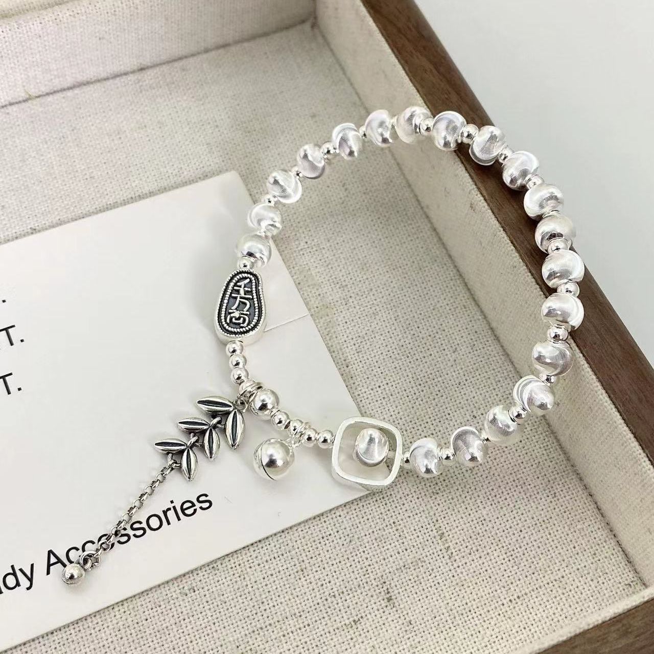 s925 sterling silver diy handmade ins style niche laser cat eye beads wheat bell bracelet female sliver beads bracelet
