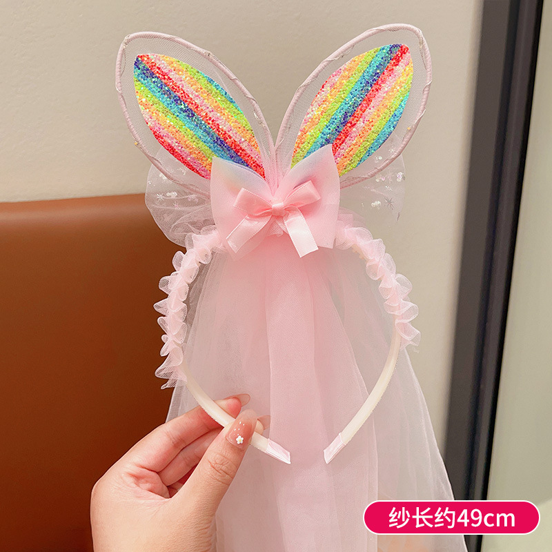 Children Luminous Headband Girls Flashing Light Rabbit Ears Princess Headband Sweet Gauze Hairpin Little Girl Veil Hair Accessories