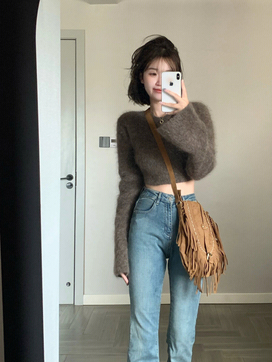 马海毛圆领高腰套头毛衣女春秋季外穿长袖针织衫短款露脐上衣秋冬