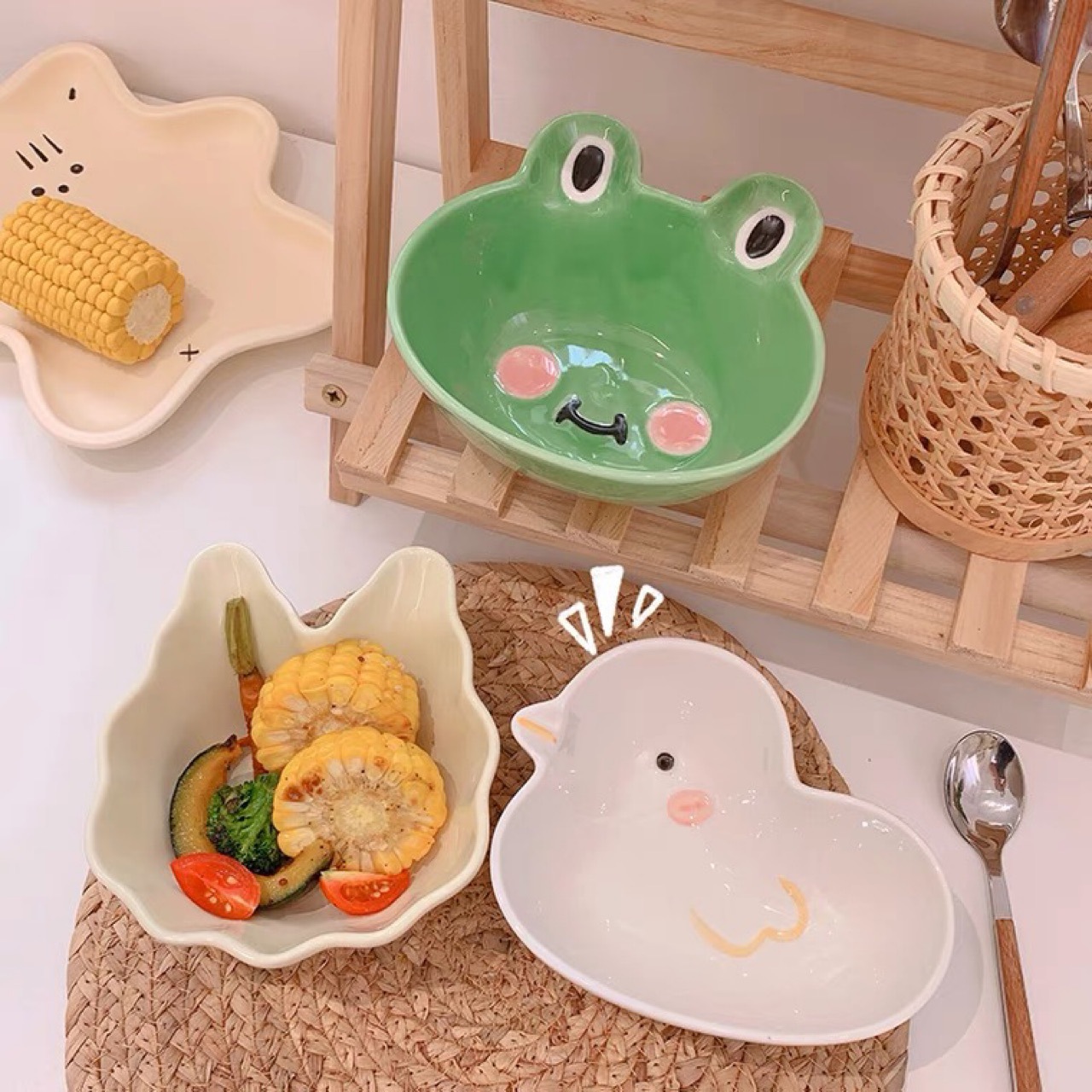 Frog Duck Rabbit Bowl Ceramic Tableware Home Cartoon Children's Large Capacity Japanese Food Cute Ins Pet Bowl