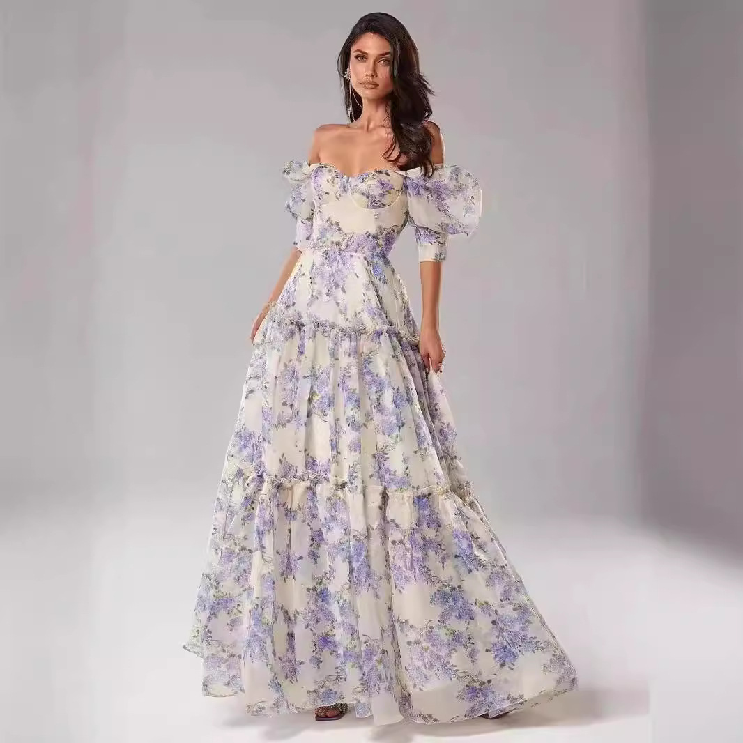 24跨境新款春夏露肩欧美女装时尚欧根纱仙气长款气质晚礼服连衣裙