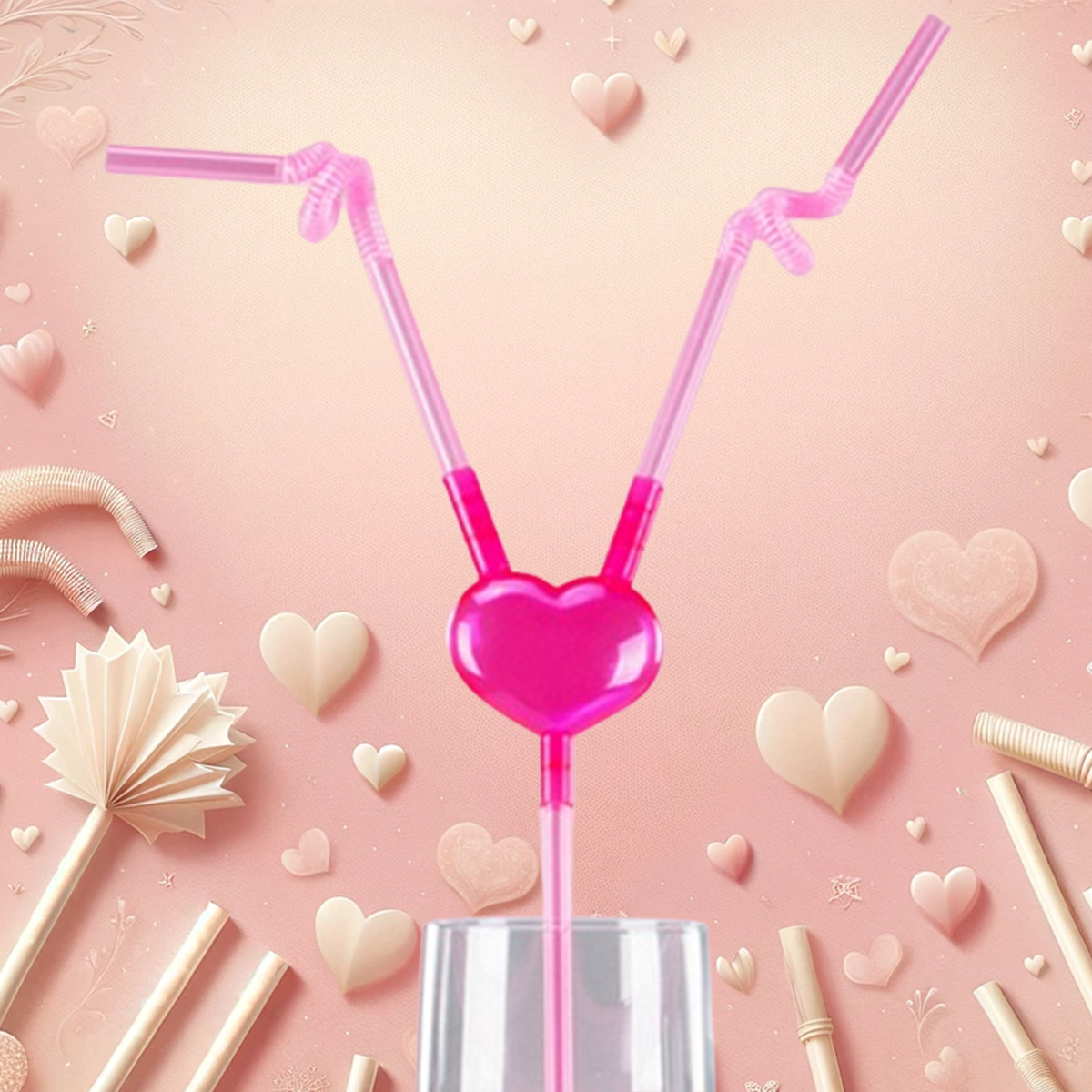 堵料饮料吸管diy 心形情人节排队聚会用品新奇设计双人粉色吸管