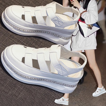 包头罗马坡跟凉鞋女夏季2024新款厚底白鞋水钻镂空透气内增高女鞋