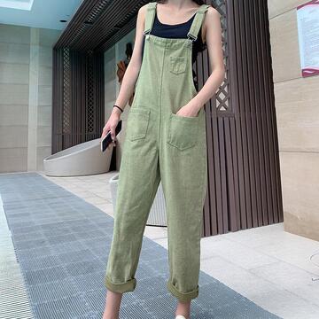 wz牛仔背带裤套装女韩版宽松工装洋气显瘦减龄小个子九分吊带连体