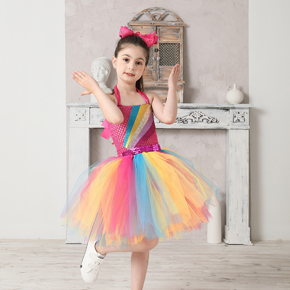 欧美童装女童网纱连衣裙jojo siwa彩虹公主蓬蓬裙儿童表演礼服