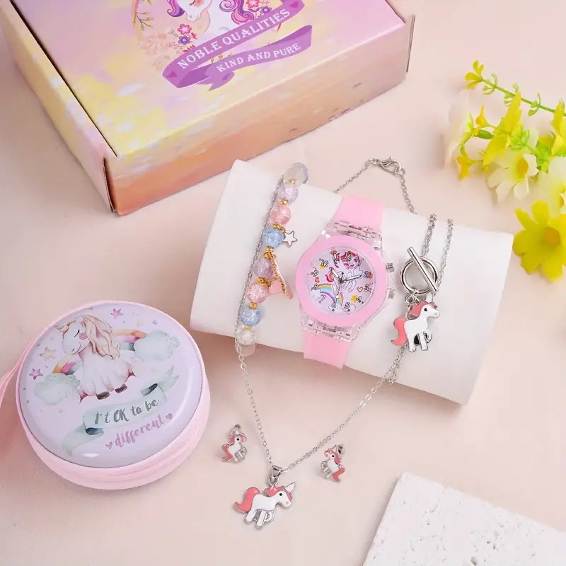 New Fashion Cartoon Unicorn Pattern Silicone Watch Bracelet Set for Girls